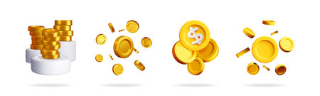 A collection of 3d gold coins illustrating financial growth. Money savings and investment for business success. Wealth accumulation concept.のイラスト素材