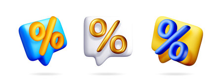 Three percentage icons in speech bubbles, symbolizing discount or sale. Promotional offer in 3d...