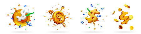 Set of 3d vector illustrations of golden dollar signs with confetti. Financial success and winning money concept for banner design.のイラスト素材