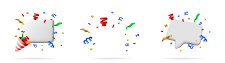 Three blank 3d vector speech bubbles and a party popper with colorful falling confetti and streamers on a white background.のイラスト素材