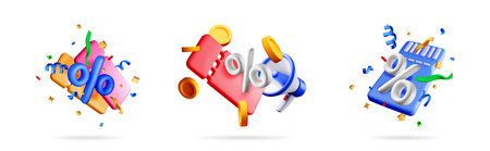 3D vector illustration set of colorful discount percent symbols, vouchers, and a megaphone floating for sale concept.のイラスト素材