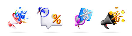 Megaphone set with percentage symbols, coins and confetti. 3d vector element for promotion, discount, sale marketing, and advertising.のイラスト素材