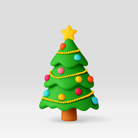 3d Christmas tree with star and colorful ballsのイラスト素材