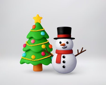 3d cartoon Christmas tree and cheerful snowmanのイラスト素材