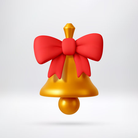 3D Golden christmas bell with red ribbon bowのイラスト素材