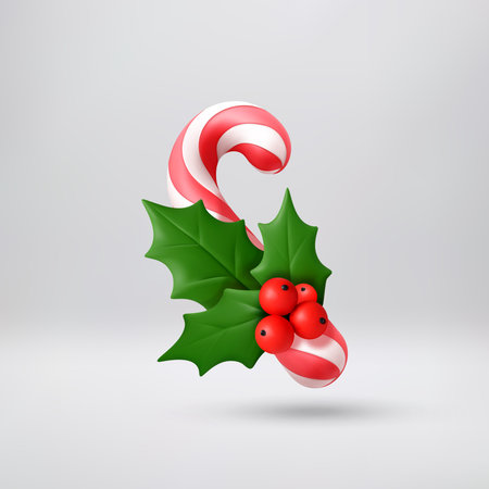 Festive 3d rendered candy cane with green hollyのイラスト素材