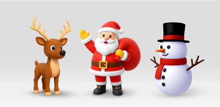 Santa Claus, reindeer, and snowman 3Dのイラスト素材