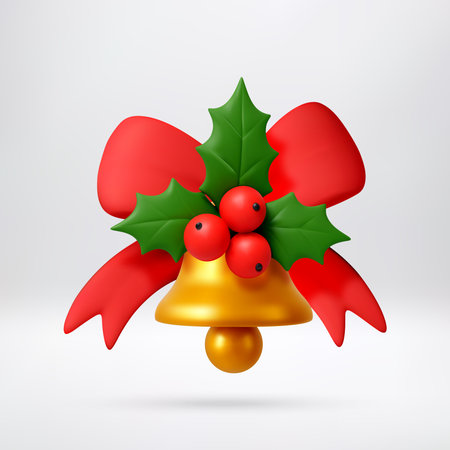 3D Golden Christmas bell with red bow and holly.のイラスト素材