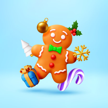 3D gingerbread man with holly, snowflake, gift boxのイラスト素材