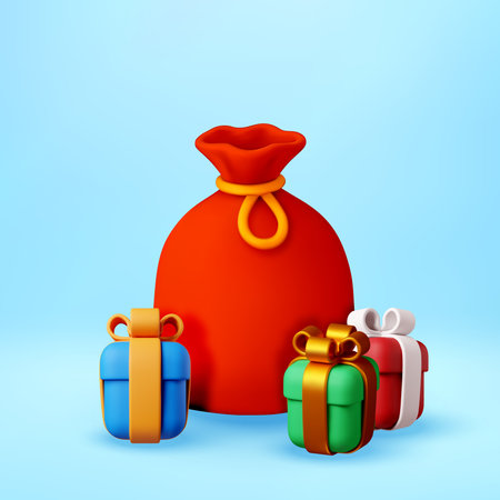 3D Red santa claus bag with gift boxesのイラスト素材