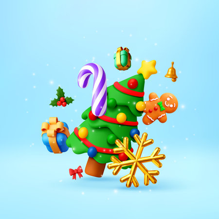 3d Christmas tree and festive decor objectsのイラスト素材