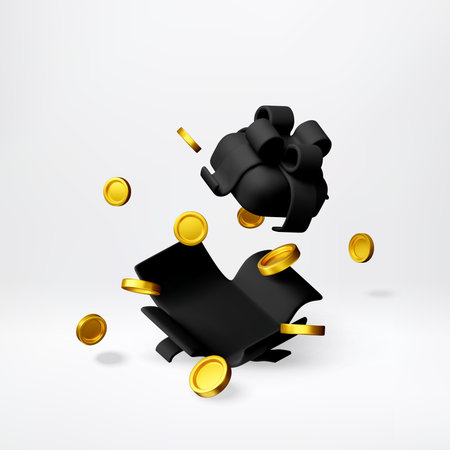 3D Black gift box with gold coins fly outのイラスト素材