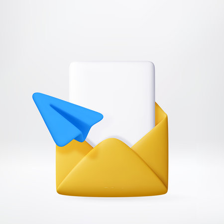 3D envelope with white paper and blue paper plane.のイラスト素材
