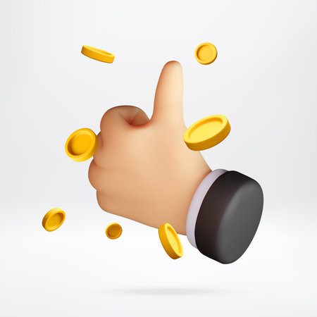 3D hand showing thumb up gesture with coinsのイラスト素材
