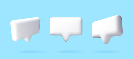 Three white 3D speech bubble icons