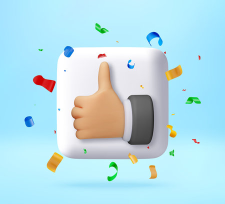3D Thumb up gesture button with colorful confetti.のイラスト素材