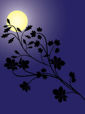 Vector image of night with branches of trees and a moon on dark blue background.のイラスト素材
