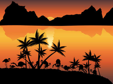 Vector image of decline with flamingo, moutains, ocean and palm trees.のイラスト素材