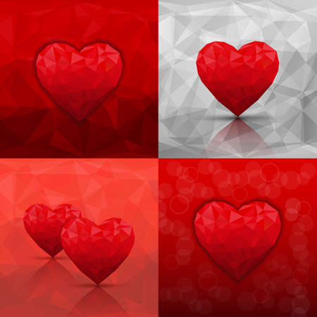 Set of abstract backgrounds with hearts in modern triangle styleのイラスト素材