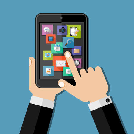 Hands holding tablet. Flat designのイラスト素材