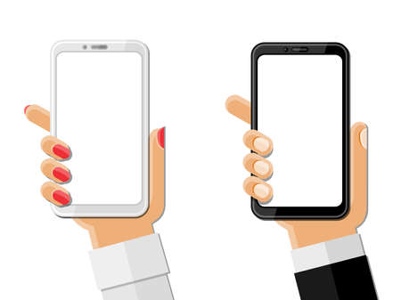 Hands holding smartphones isolated on white. Vector illustration.のイラスト素材