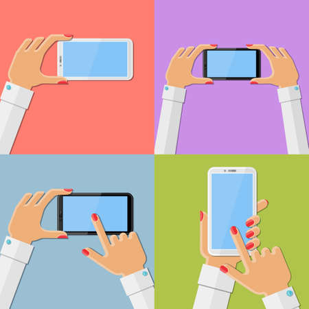 Woman's hand holding smartphone. Flat vector illustration.
のイラスト素材