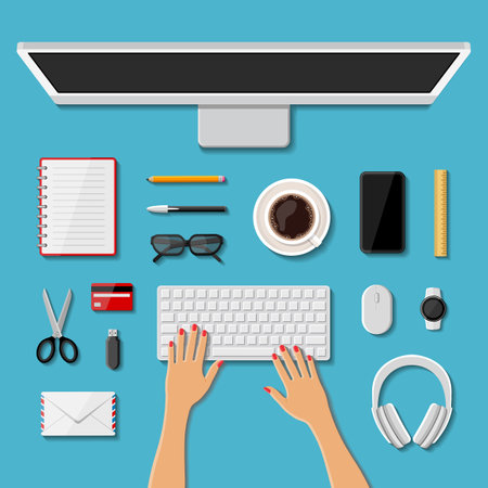 Top view of a modern business office workplace. Vector illustration.のイラスト素材