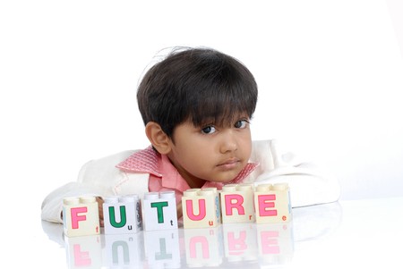 Boy makes word with alphabet blocksの写真素材