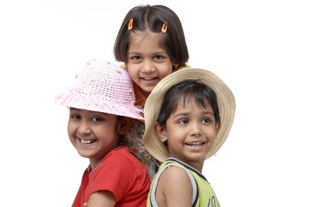 portrait of two sisters and one brother の写真素材