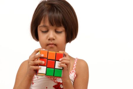 portrait of 5 years old girl with rubic cubeのeditorial素材
