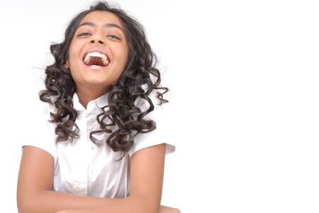 Beautiful Indian girl with curly hair showing gesture