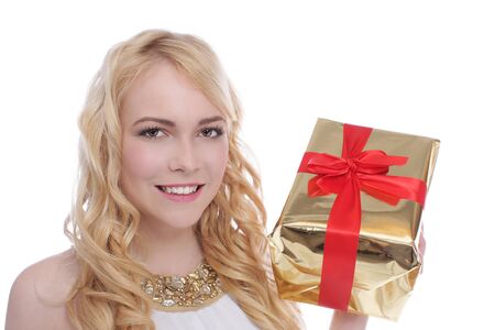 Attractive woman  with big golden parcel isolatedの写真素材