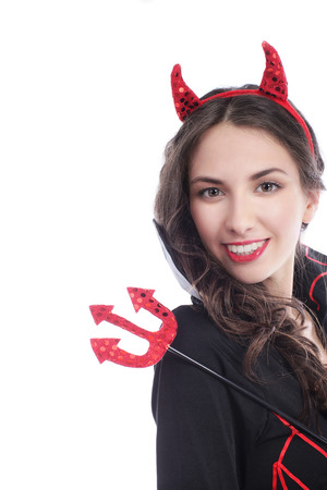 Attractive devil woman with trident isolated