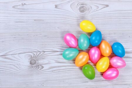 Easter eggs on wooden groundの写真素材