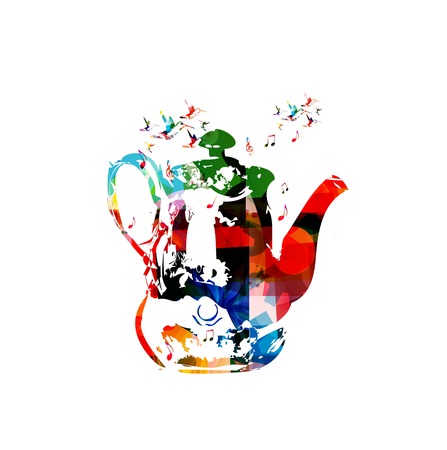 Colorful vector kettle background with hummingbirdsのイラスト素材