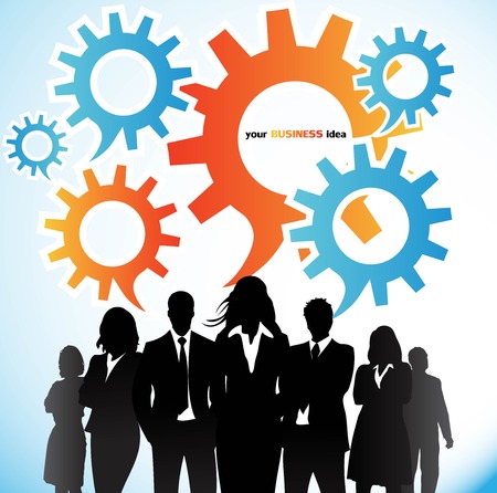 Business people with gears-speech bubbles and globeのイラスト素材