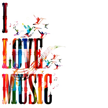 Colorful vector "I LOVE MUSIC" background with hummingbirdsのイラスト素材