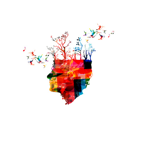 Colorful composer head with trees and hummingbirdsのイラスト素材