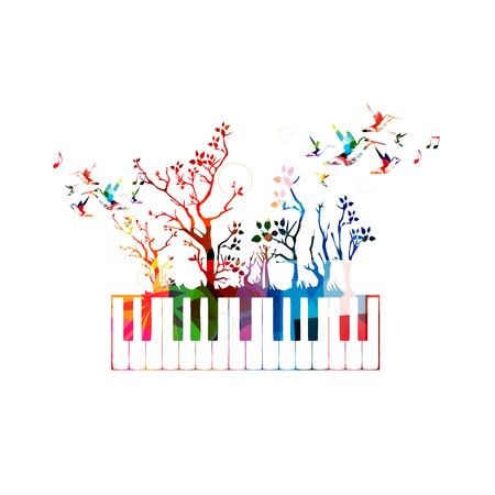 Colorful music background with piano keyboard and hummingbirdsのイラスト素材