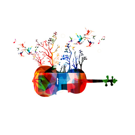 Colorful music background with violoncello and hummingbirdsのイラスト素材