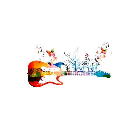 Colorful music background with guitar and butterfliesのイラスト素材
