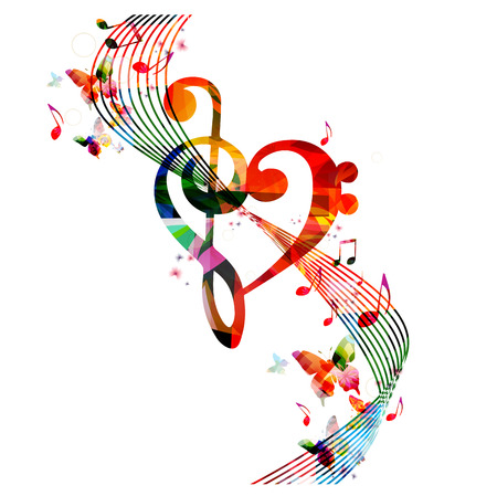 Colorful G-clef heart with music notes and butterfliesのイラスト素材