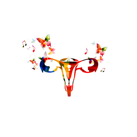 Vector illustration of colorful female reproductive system with view of uterus, fallopian tube, ovary, cervix,collected from various elements of flower ornament and decorated with butterfliesのイラスト素材