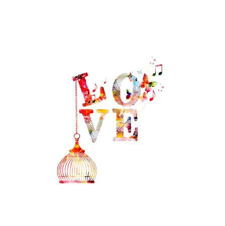 Decorative love text with butterflies. Colorful calligraphic inscription, love lettering design, typographic vector background for poster, brochure, card, banner, web, site, advertising and printのイラスト素材