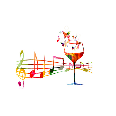 Creative music style template vector illustration, colorful wine glass with music staff and notes, wine event background, celebration. Design for poster, brochure, banner, concert, festival invitationのイラスト素材