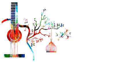 Creative music style template vector illustration, colorful guitar, nature inspired instrument background with birds. Design for poster, brochure, banner, flyer, concert, music festival, music shopのイラスト素材