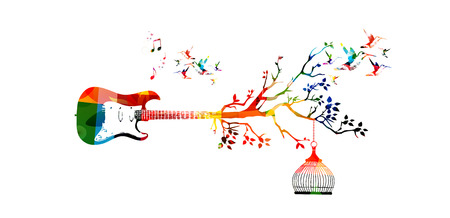Creative music style template vector illustration, colorful guitar, nature inspired instrument background with birds. Design for poster, brochure, banner, flyer, concert, music festival, music shopのイラスト素材