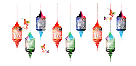 Colorful Ramadan Kareem lamps with butterflies vector illustration. Muslim celebrations, festivals and traditional events background. Festive arabic lamps design for card, invitation, brochure, bannerのイラスト素材