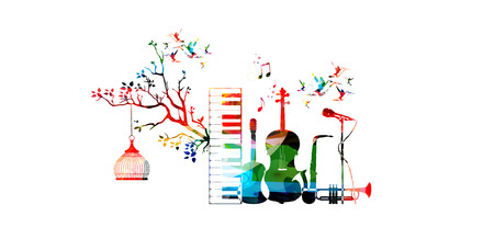 Music style template vector illustration, music instruments, piano keyboard, guitar, trumpet, microphone, saxophone and violoncello. Design for poster, brochure, concert, music festival, music shopのイラスト素材