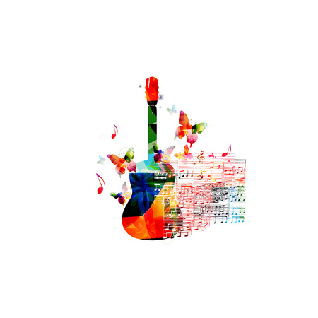 Creative music style template vector illustration, colorful guitar, music instrument with music staff and notes background. Poster, brochure, banner, concert, music festival, music shop designのイラスト素材